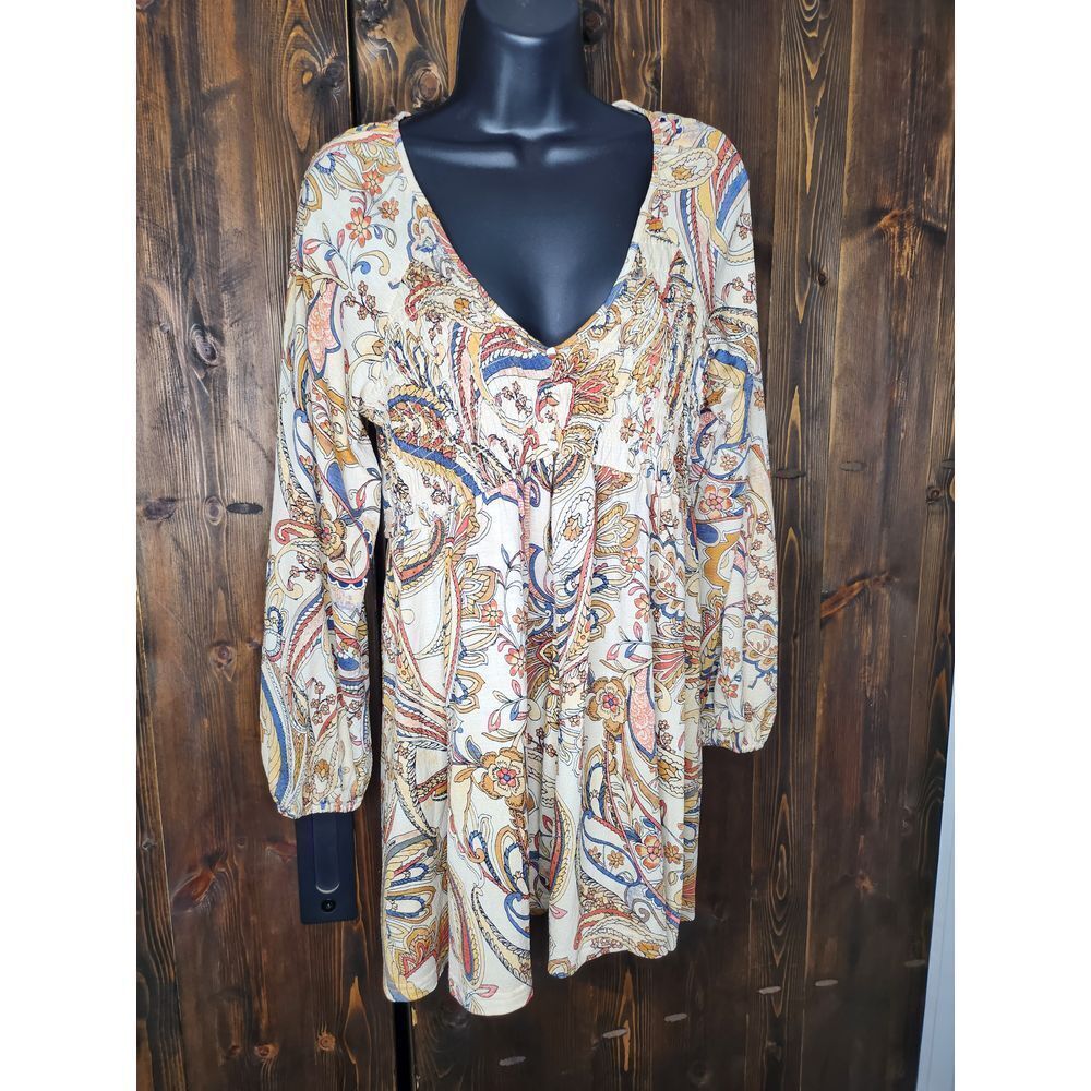 Melloday Anthropologie Mini Dress Paisley Small Boho Style Long sleeve popover